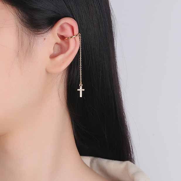 CZ Cross 925 Sterling Silver Non-Pierced Earring (Single)