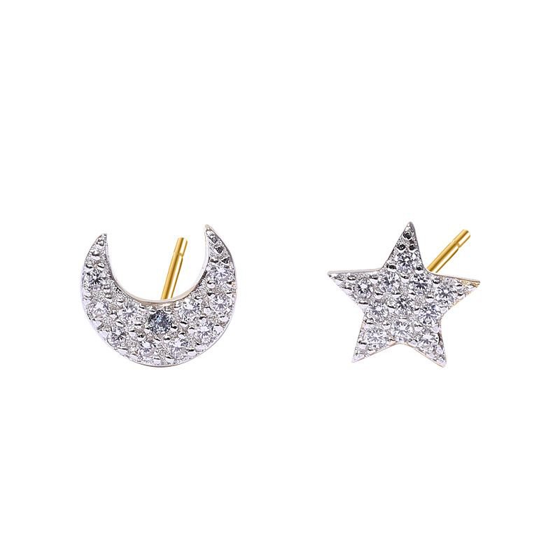 CZ Crescent Moon Star 925 Sterling Silver Studs Earrings