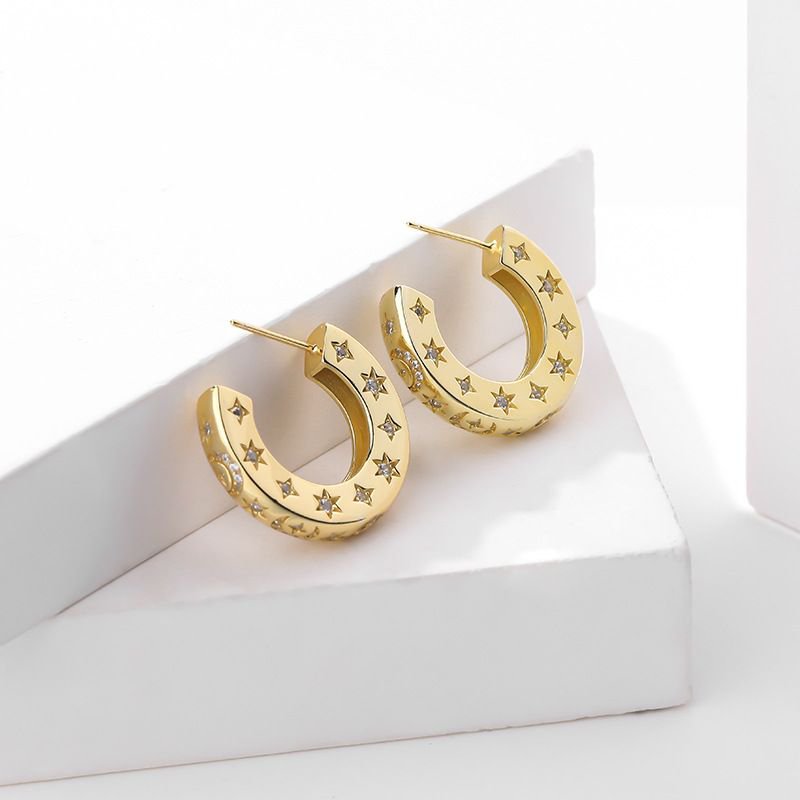 Geometry C Shape CZ Crescent Moon Stars 925 Sterling Silver Stud Earrings