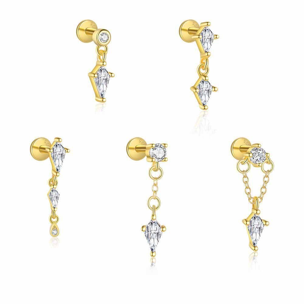 Geometry Gold CZ Rhombus 925 Sterling Silver Dangling Earring (Single)