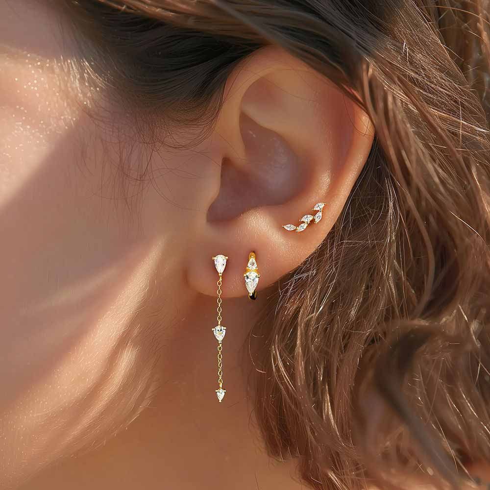 Golden CZ Tree Branch 925 Sterling Silver Stud Hoop Dangling Earrings Set