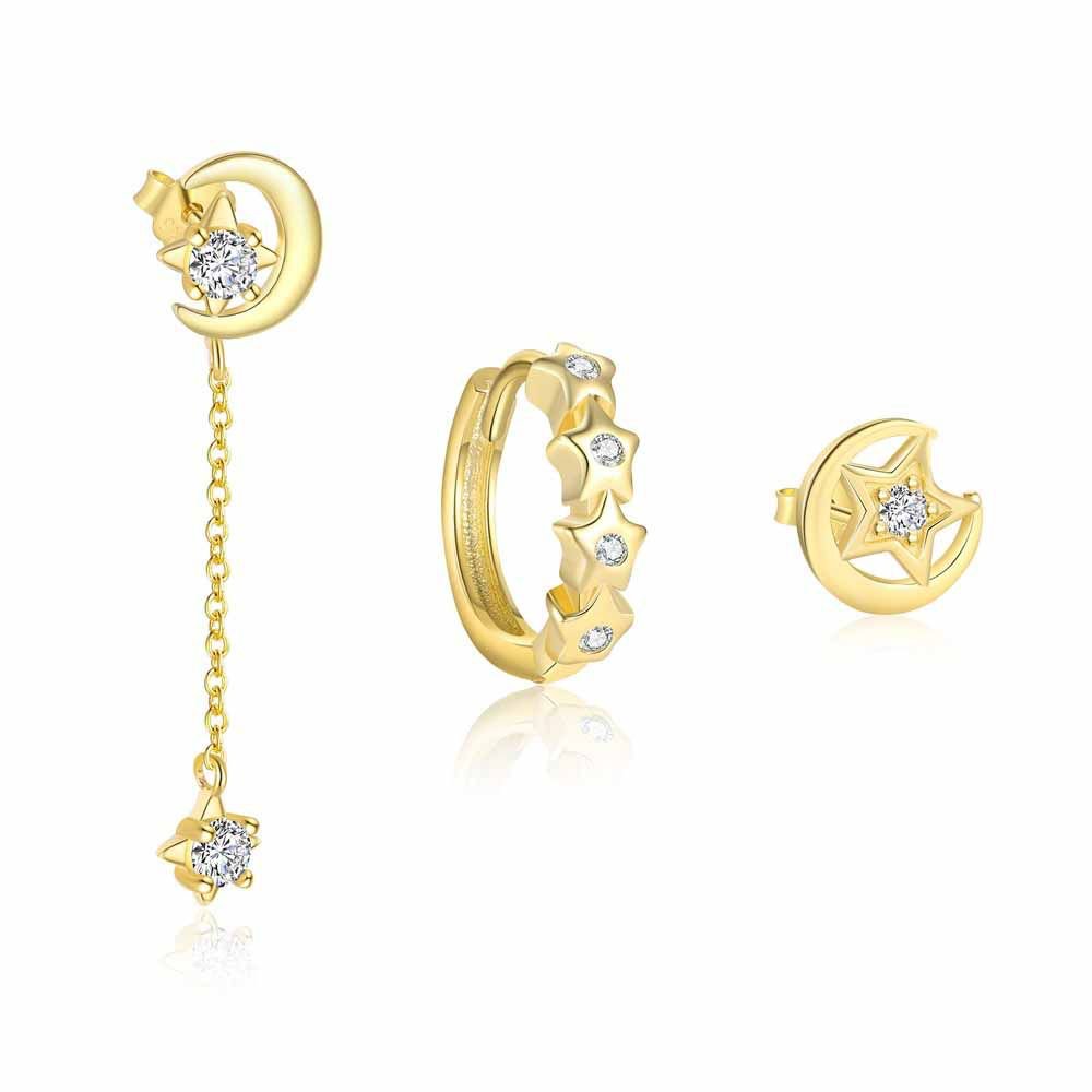 Crescent Moon CZ Star 925 Sterling Silver Stud Hoop Dangling Earrings Set
