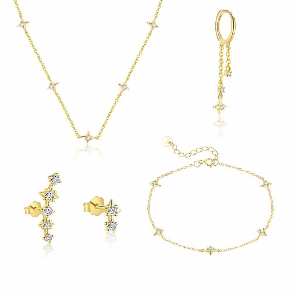 Modern Golden Shining CZ Star 925 Sterling Silver Earring Necklace Bracelet