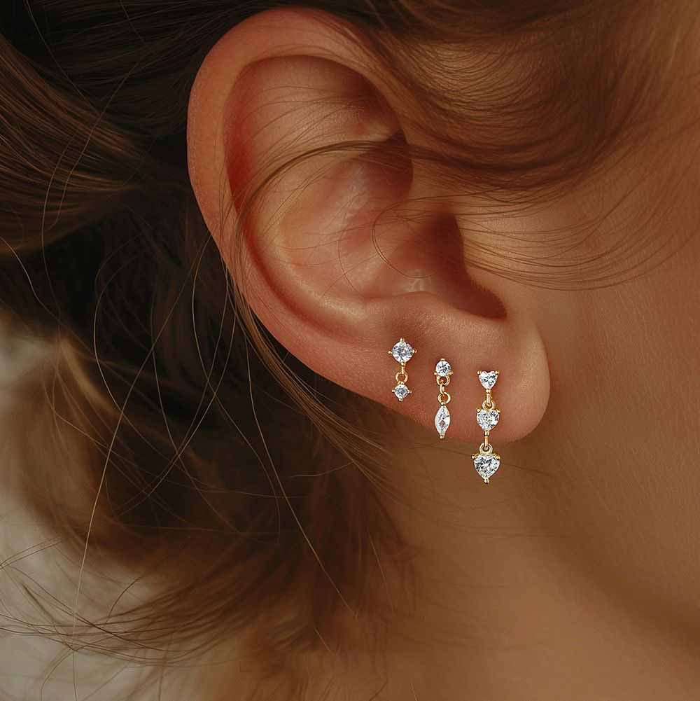 Golden Round Waterdrop Heart CZ Tassels Silver Dangling Earrings