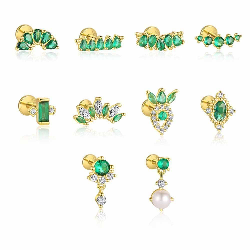 Geometry Green CZ Crown Waterdrop 925 Sterling Silver Stud Earrings
