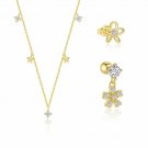 Beautiful Gold CZ Hollow Flowers 925 Sterling Silver Stud Earrings Necklace
