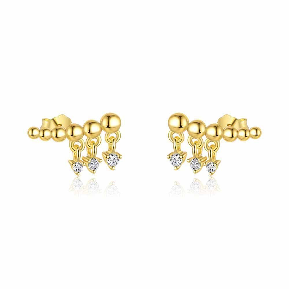 Office Gold Round Beads CZ 925 Sterling Silver Stud Earrings