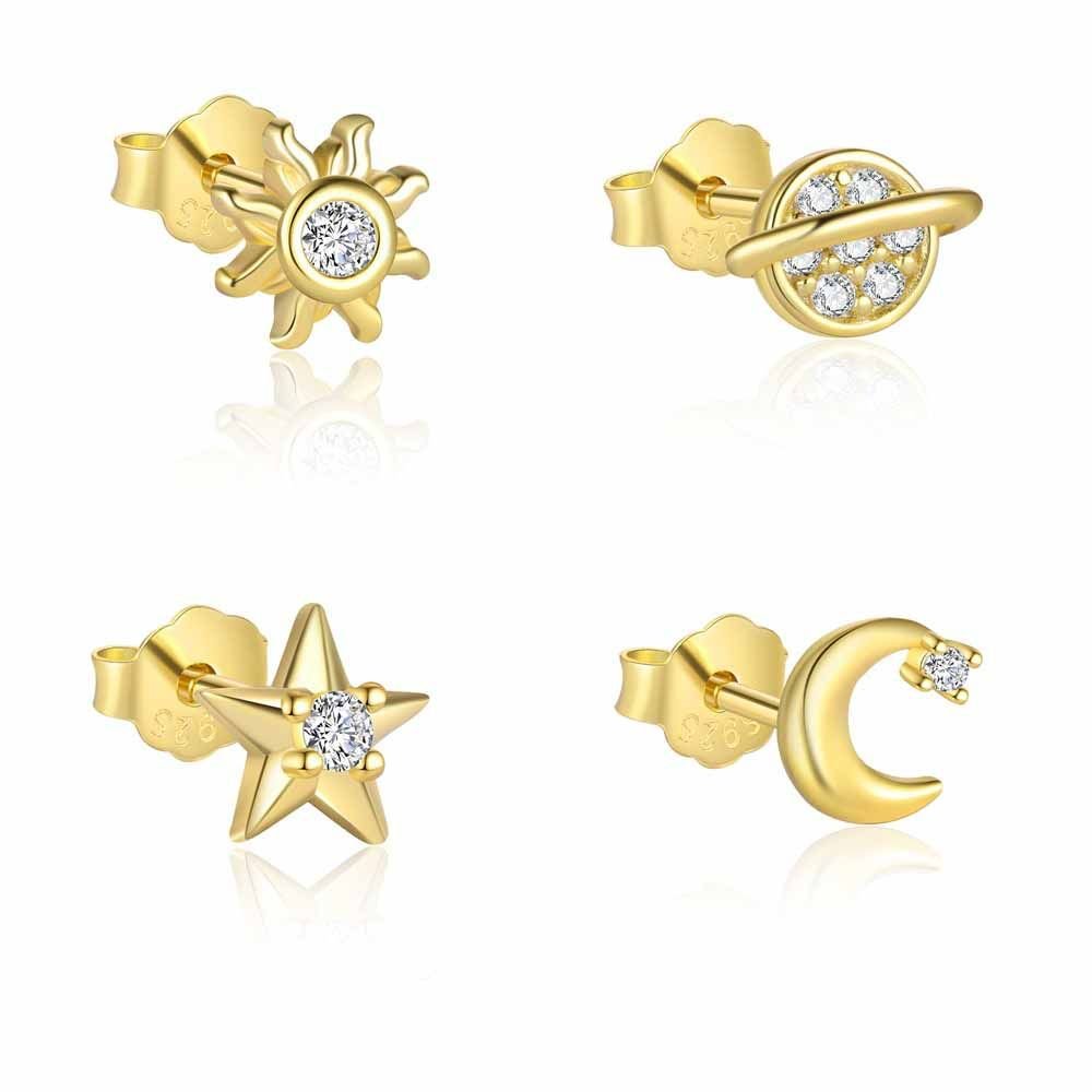 CZ Planet Star Sun Crescent Moon 925 Sterling Silver Stud Earring (Single)