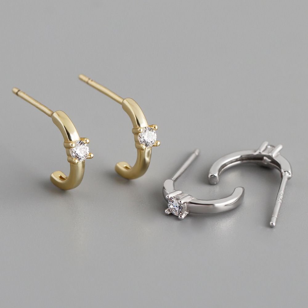 Modern Simple Mini CZ C Shape 925 Sterling Silver Dangling Earrings