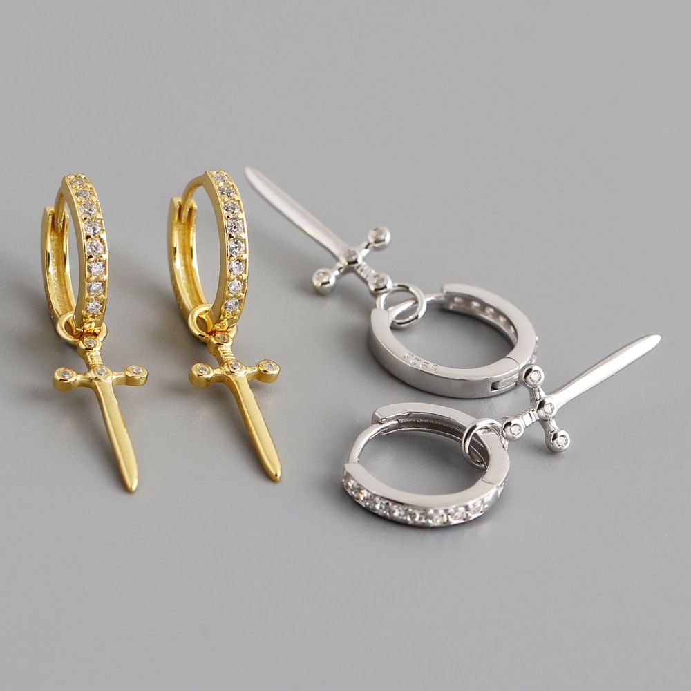 Graduation CZ Circle Dagger Sword 925 Sterling Silver Hoop Earrings