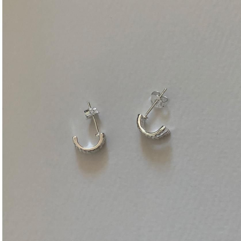Micro Setting CZ Triple Layers C Shape 925 Sterling Silver Stud Earrings