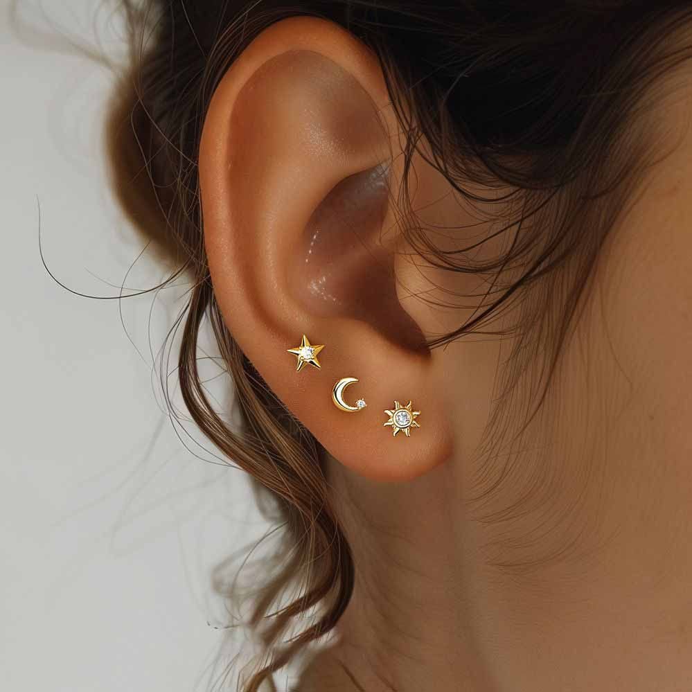 Gold CZ Sunshine Moon Star 925 Sterling Silver Stud Dangling Earrings