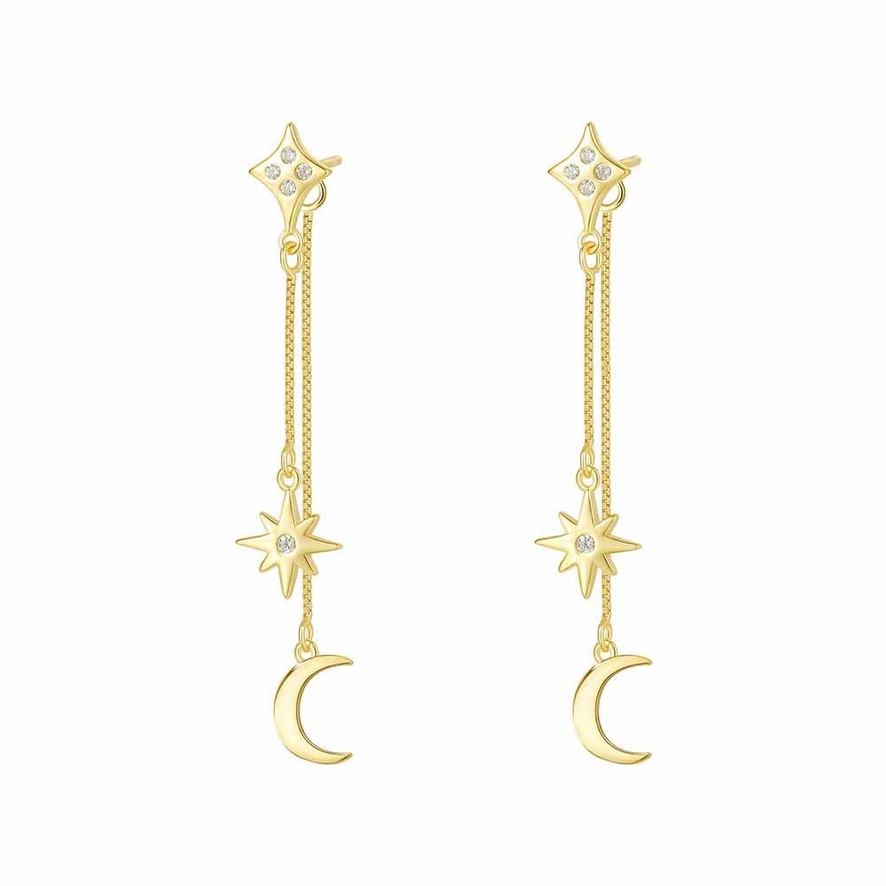 Classic CZ Star Crescent Moon Women 925 Sterling Silver Dangling Earrings