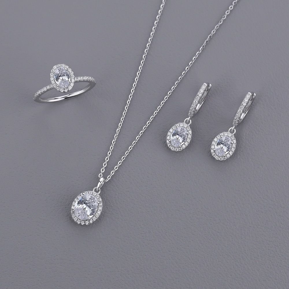 Shining Oval CZ 925 Sterling Silver Adjustable Ring Earrings Necklace
