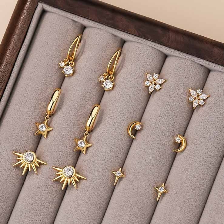 Hot Yellow Gold Sunshine Flower Star Moon 925 Sterling Silver Earrings