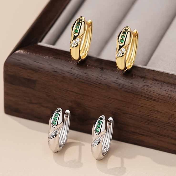 Green White CZ Snake Animal 925 Sterling Silver Hoop Earrings