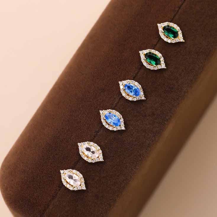 White CZ Border Oval Blue Green Cubic Zirconia Silver Stud Earrings