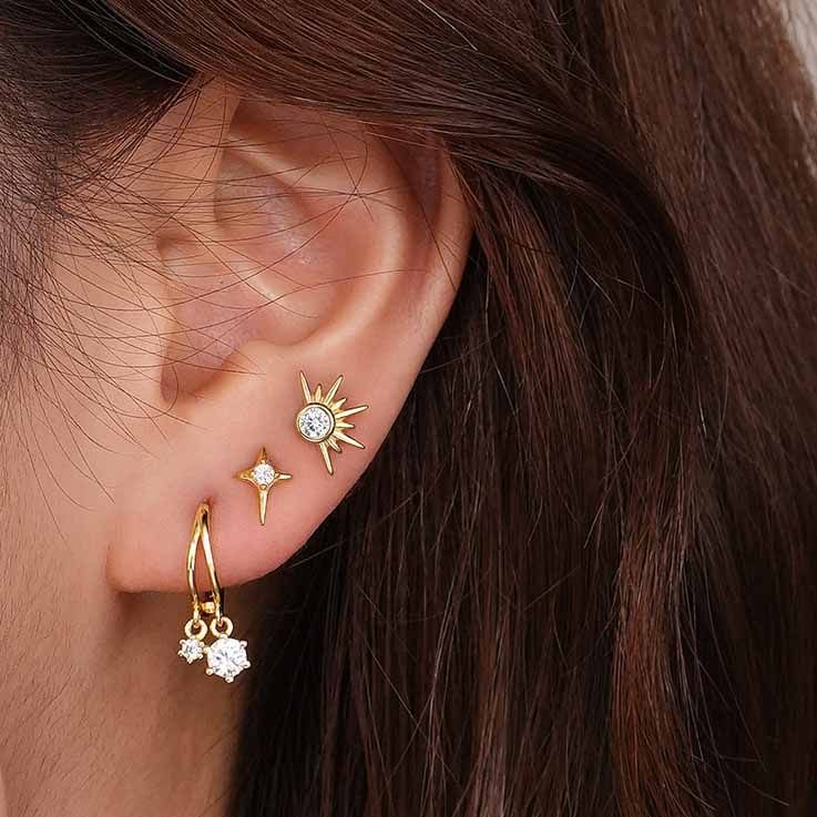 CZ Crescent Moon Star Sunshine 925 Sterling Silver Stud Fangling Earrings