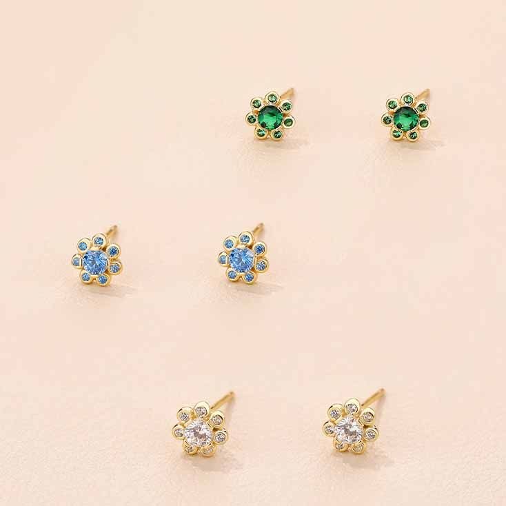 Women Mini Blue Green White CZ Flower 925 Sterling Silver Stud Earrings