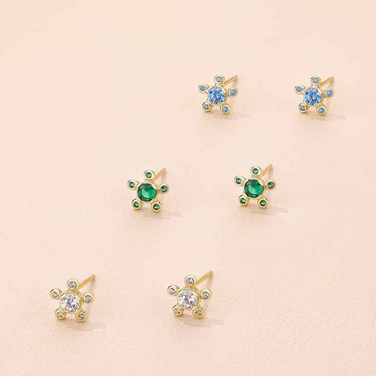 Sweet Blue Green White CZ Flower 925 Sterling Silver Stud Earrings