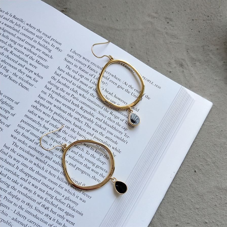 Circle Black Waterdrop 925 Sterling Silver Dangling Earrings