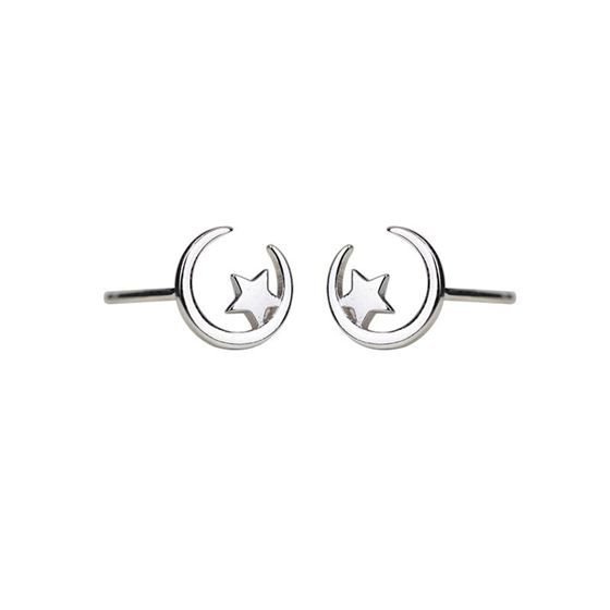 Crescent Moon Stars 925 Sterling Silver Stud Earrings