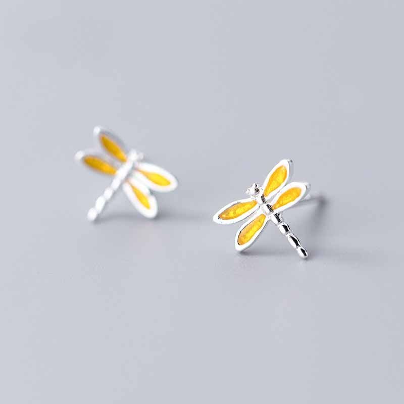 Cute Yellow Flying Dragonfly Insects 925 Sterling Silver Stud Earrings