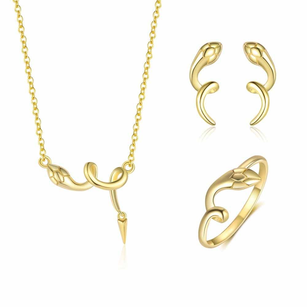 Yellow Gold Snake Animal Silver Stud Earrings Necklace Adjustable