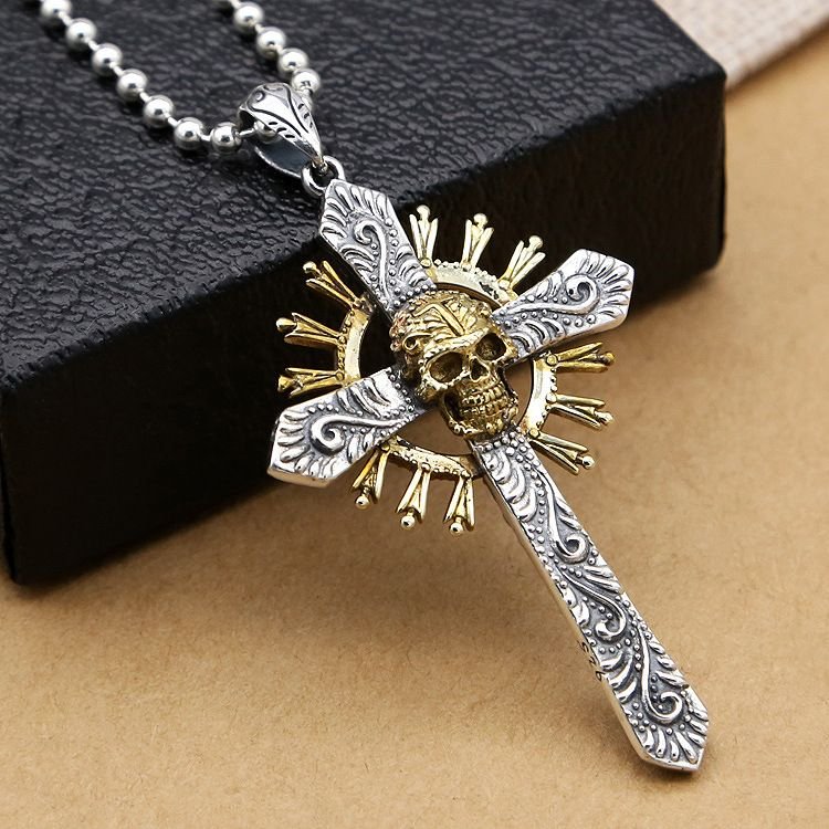Yellow Skeleton Skull Sun Cross 925 Silver Men Pendant