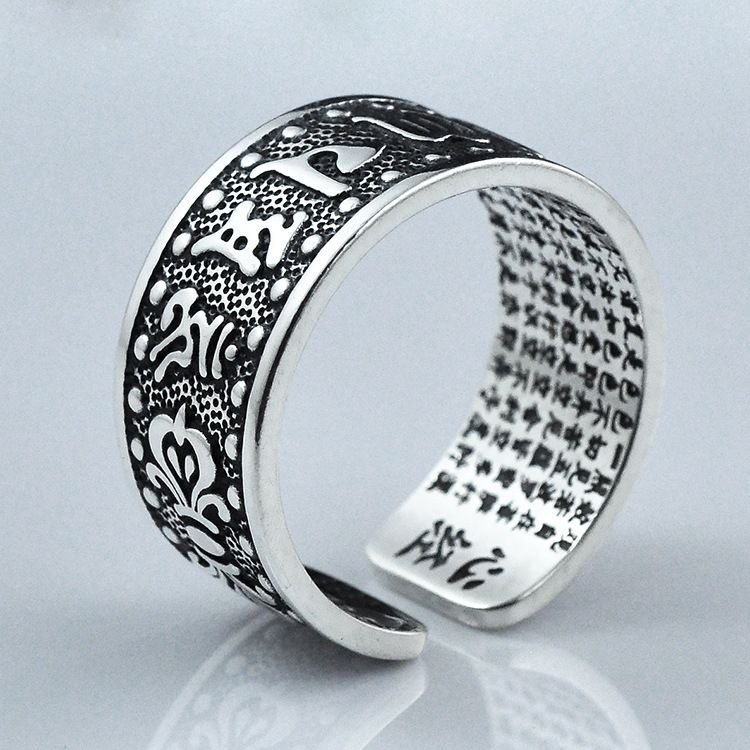 Men Buddhism 925 Sterling Silver Adjustable Ring
