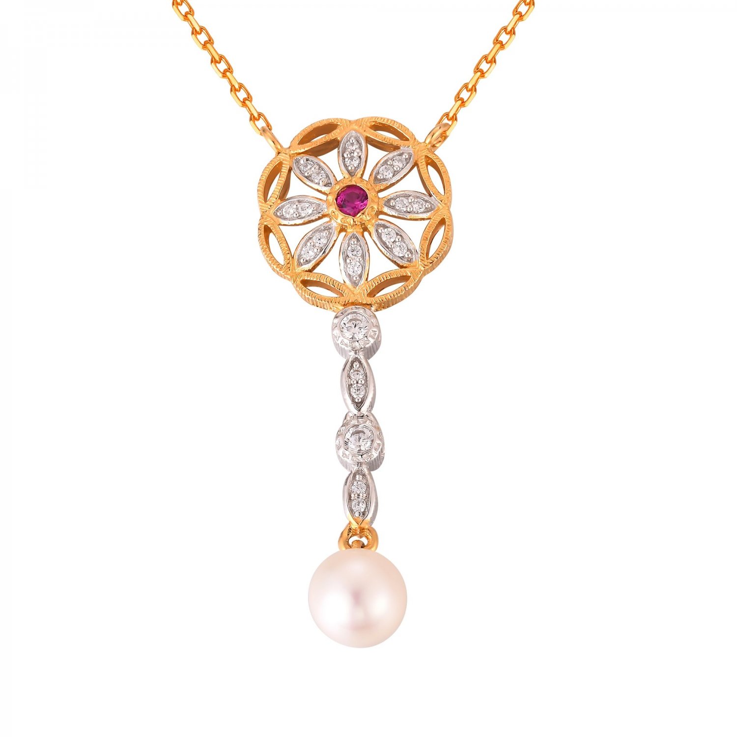 Created Ruby Cubic Zirconia Flower Natural Pearl 925 Silver Necklace