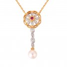 Created Ruby Cubic Zirconia Flower Natural Pearl 925 Silver Necklace