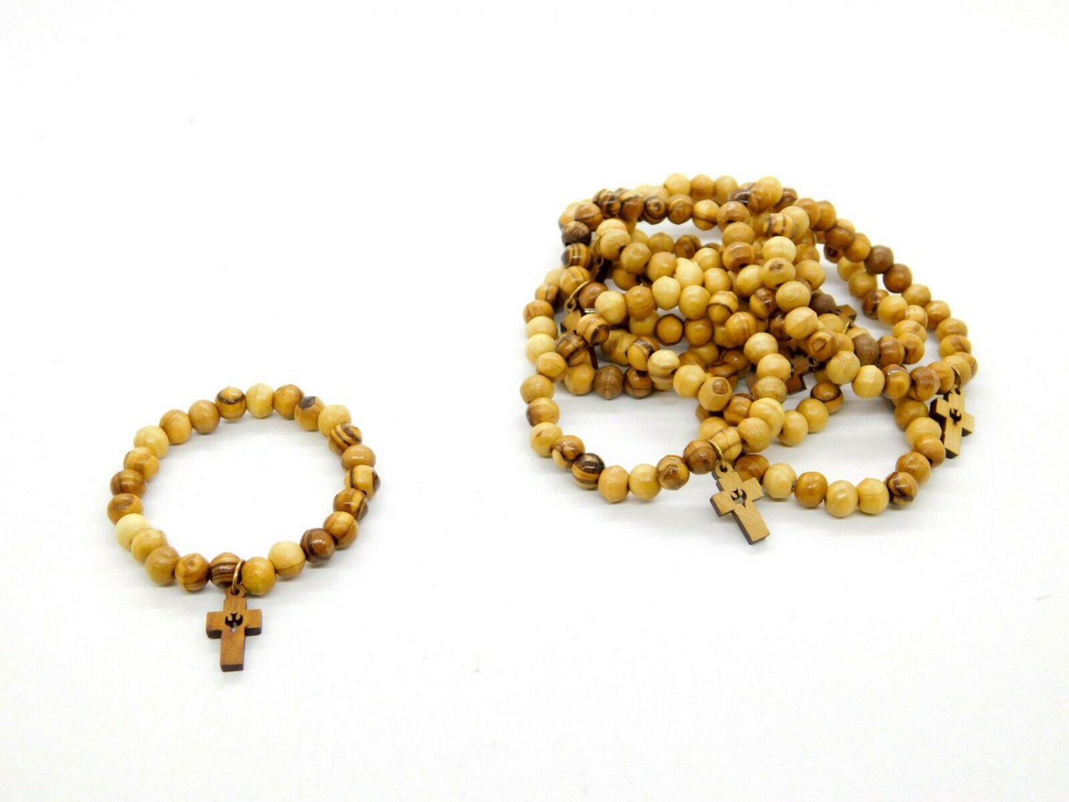 10 Pcs Olive Wood Stretch Bracelet With Small Cross Hand Made Holy Land