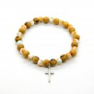 Stretch Bracelet Olive Wood Beads With Metal Cross Hand Made Jerusalem