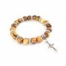 Olive Wood Beads Stretch Bracelet With Metal Cross Hand Made Holy land Bethlehem