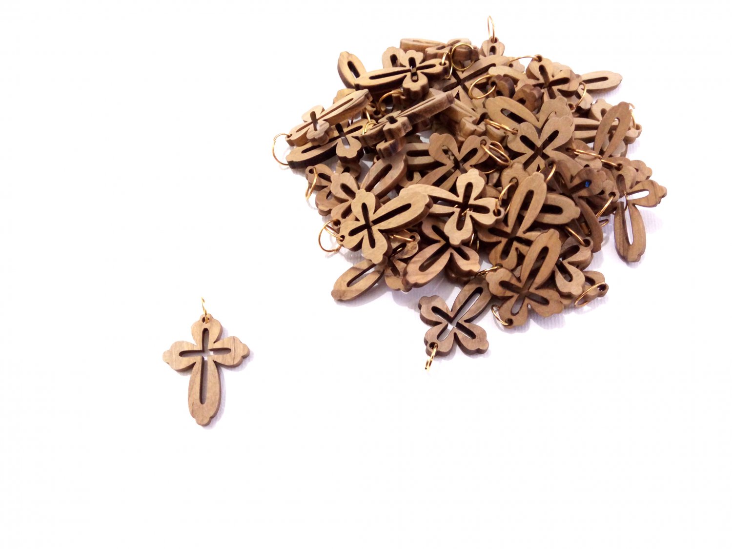 50 Pcs Olive Wood Cross Pendants Charms Hand Made Laser Cut Holy Land Jerusalem