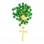 Green Crystal Glass Beads Rosary With Virgin Mary Lapel Pin Holyland Jerusalem