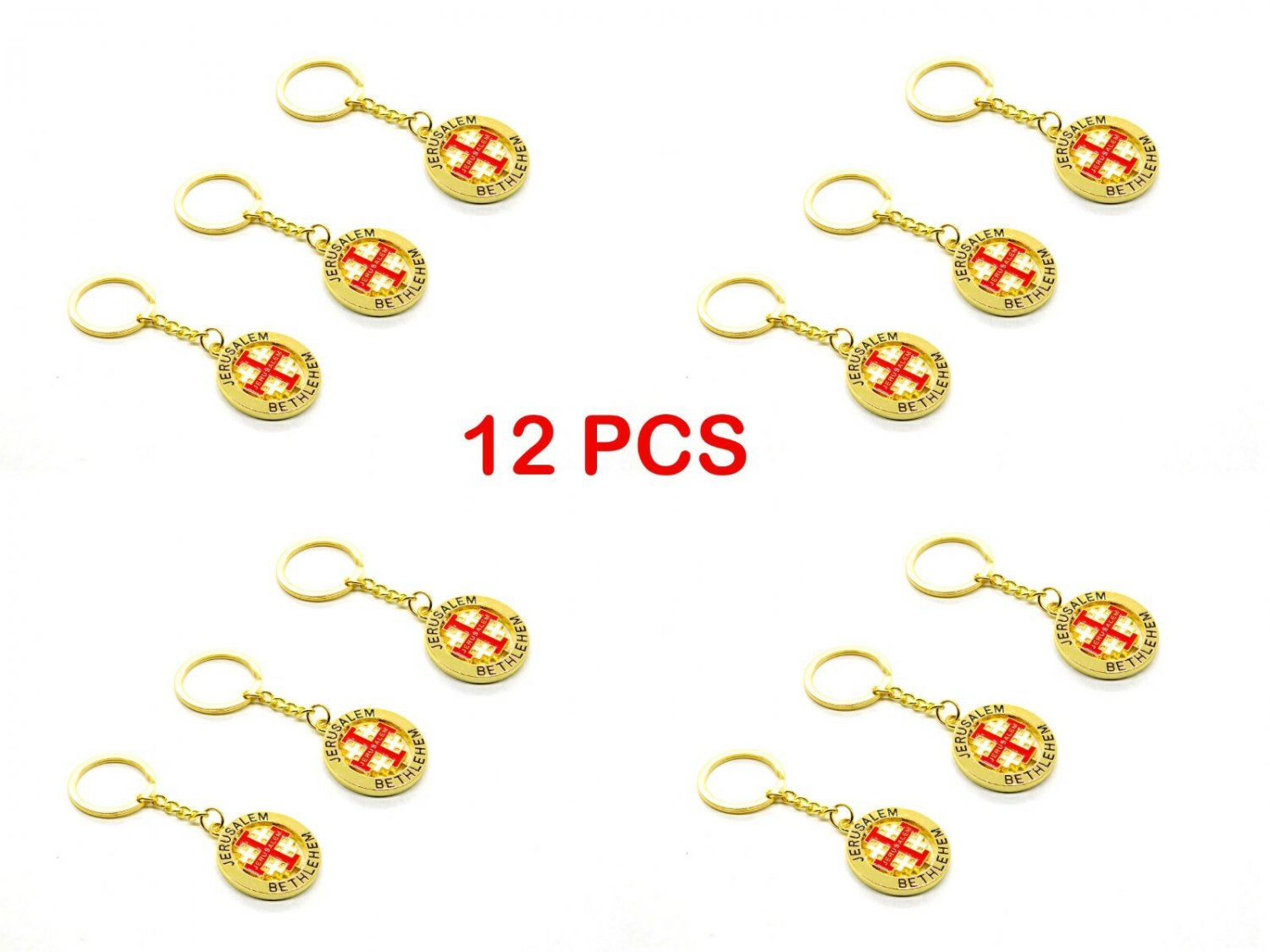 12 Pcs Jerusalem Cross Key Ring Key Chain Rotating Center Gold Color Metal