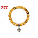 6 Pcs Lot Olive Wood Beads Stretch Bracelet With Metal Cross Handmade Holyland