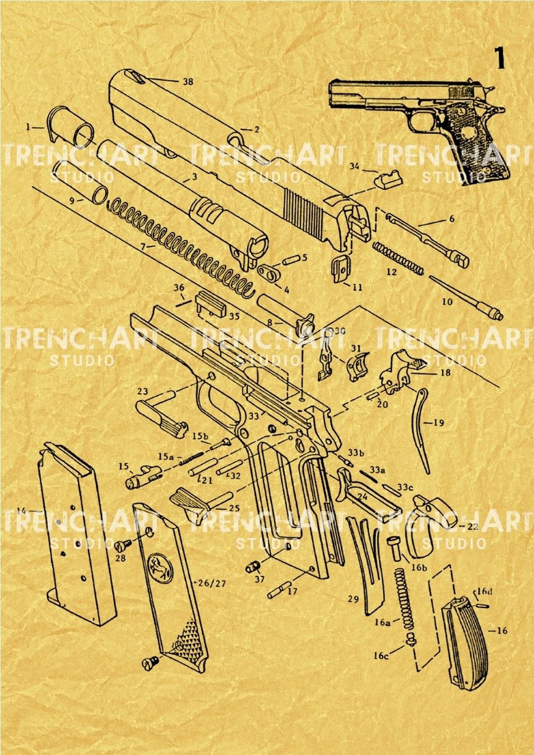 Colt 1911 Pistol patent print poster gun drawing 45 ACP vintage 11.7" x