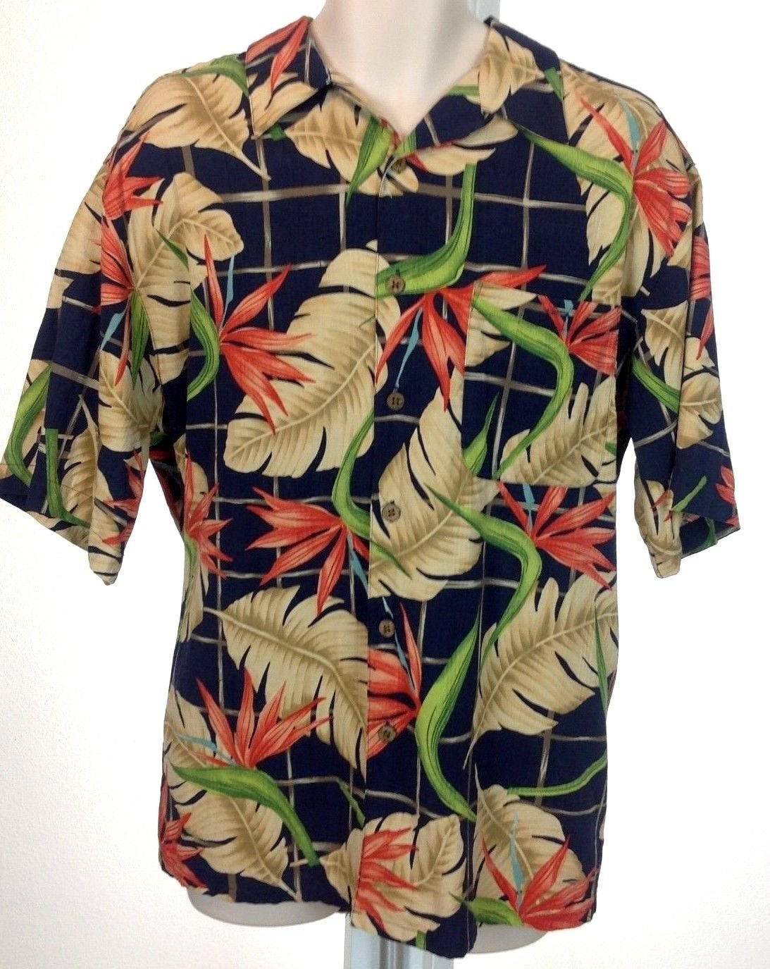 Banana Cabana Mens Navy Floral Hawaiian Silk Shirt Sz L Short Sleeve ...