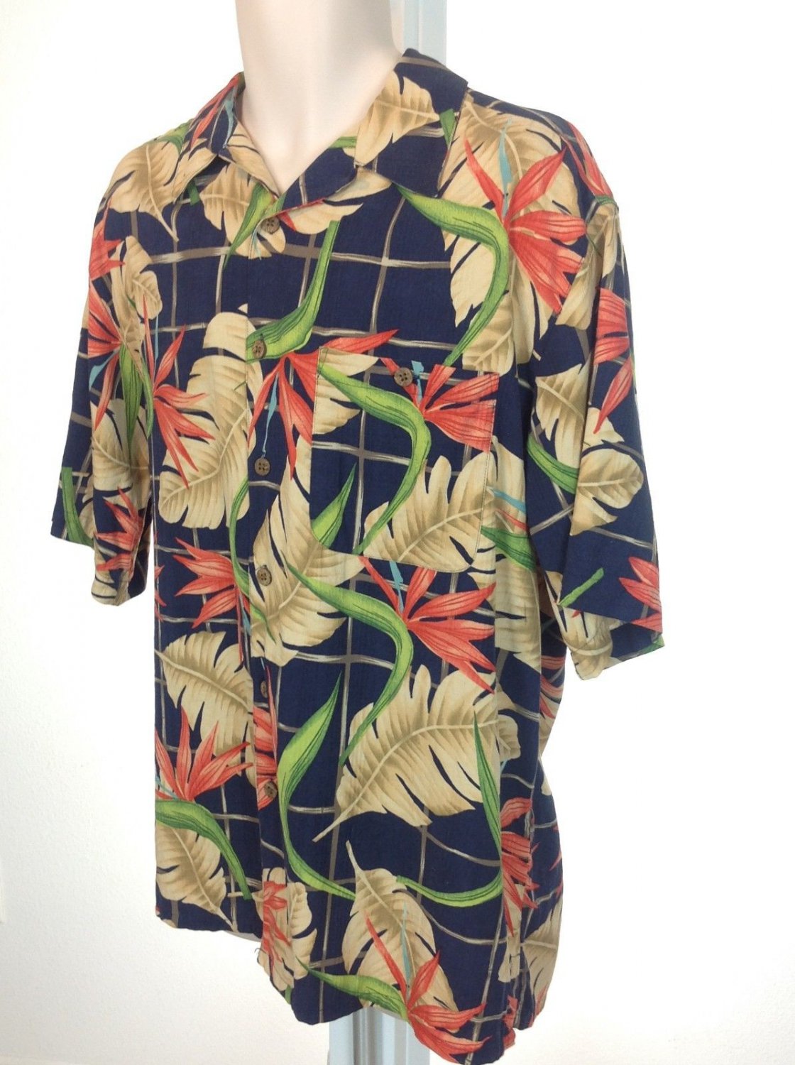 Banana Cabana Mens Navy Floral Hawaiian Silk Shirt Sz L Short Sleeve ...
