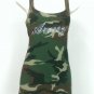 RIFLESSI Womens Army Green Camo Racerback Tank Sz L Scoop Neck Rhinestone Ribbed