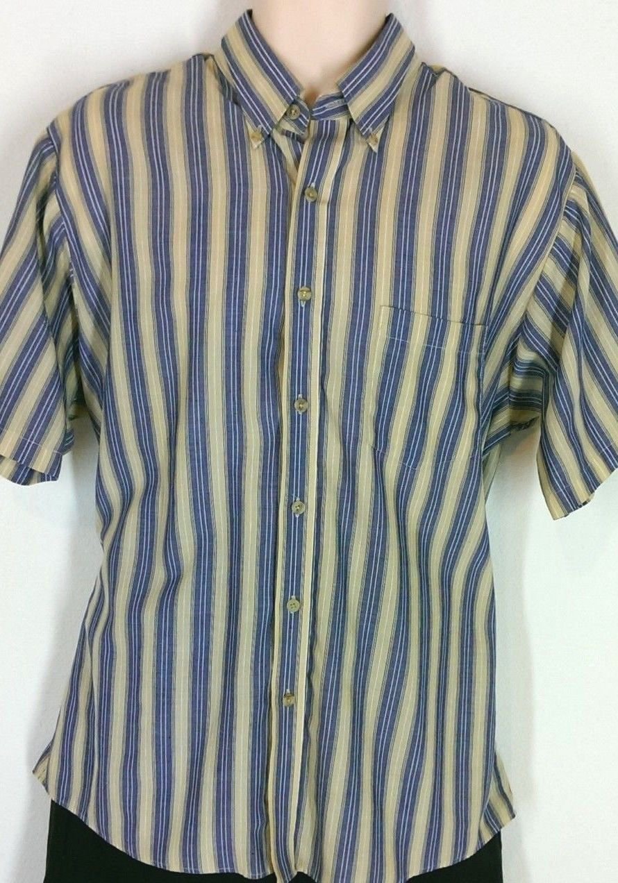 DAVID TAYLOR Men's Beige/ Blue Short Sleeve Button Front Shirt Sz Large