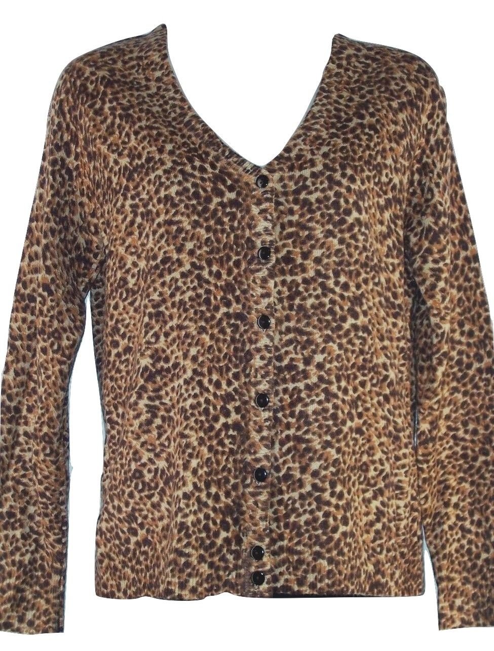 Sag Harbor Petite Small (PS) Womens Long Sleeve Button Down Leopard Print Top