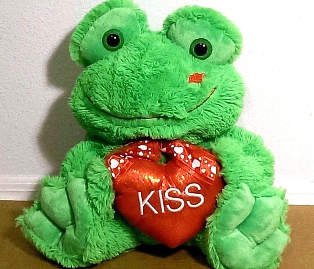 Green Frog Plush Holding Big "Kiss" Heart - Super Soft! 16" Tall