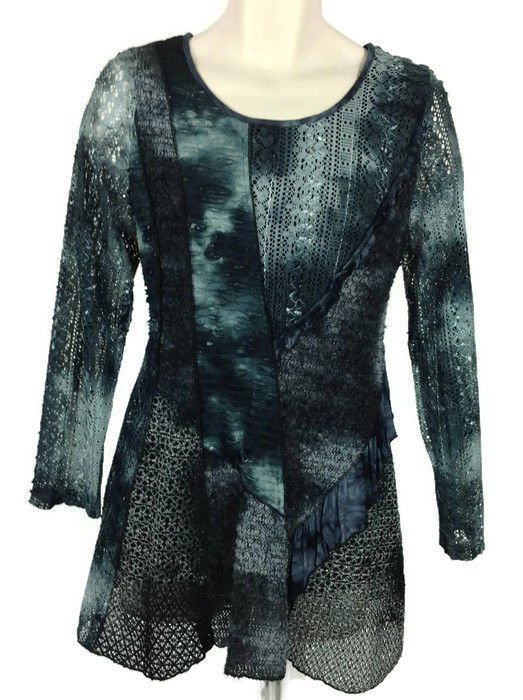 Womens Boho Flowy Tunic Top Sz L Long Sleeve Textured Knit Sequined Gray Colors