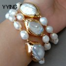 Y.ying 8 3 Rows Cultured White Baroque Freshwater Pearl White Keshi Pe