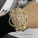 Luxury Handmade Elastic Pearl Crystal Camellia Flower Bangle Jewelry F