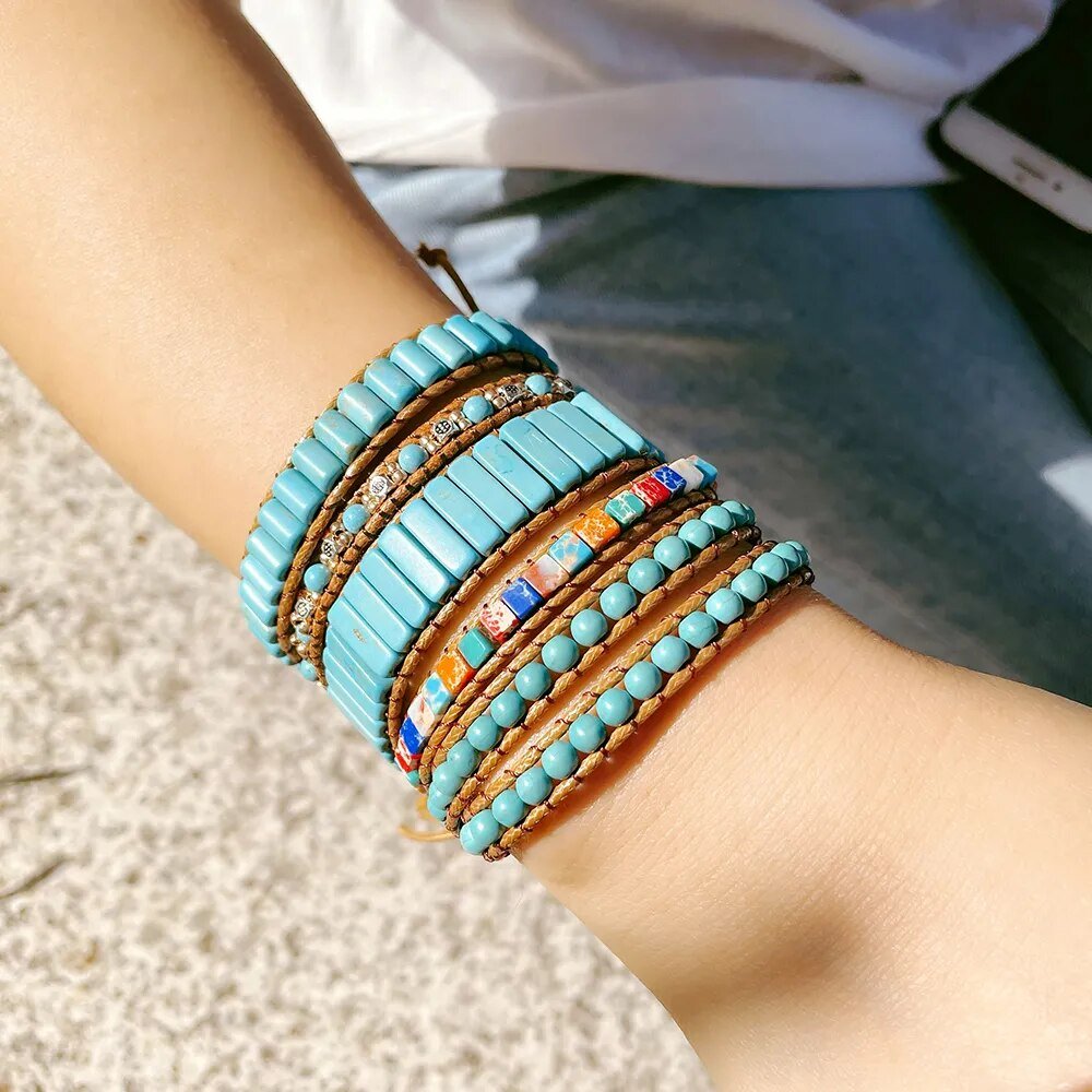 Turquoise Leather Braided Stone Bracelet | Turquoise Natural Stone Bra